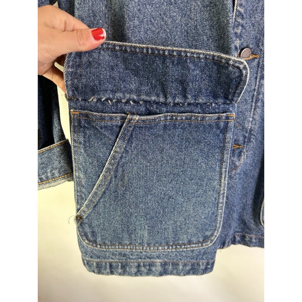 Vintage 90s Leather Collar Denim Jean Trucker Jacket Barn Chore Coat - Picture 6 of 13